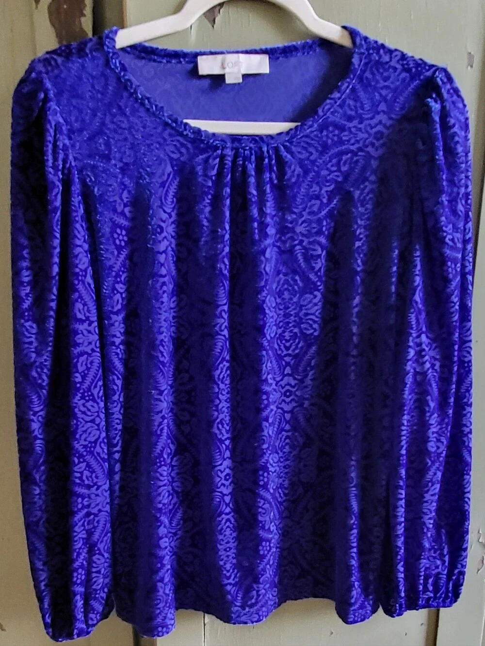 LOFT Royal Blue Paisley Burnout Velvet Puff Sleeve Blouse Top - Size M